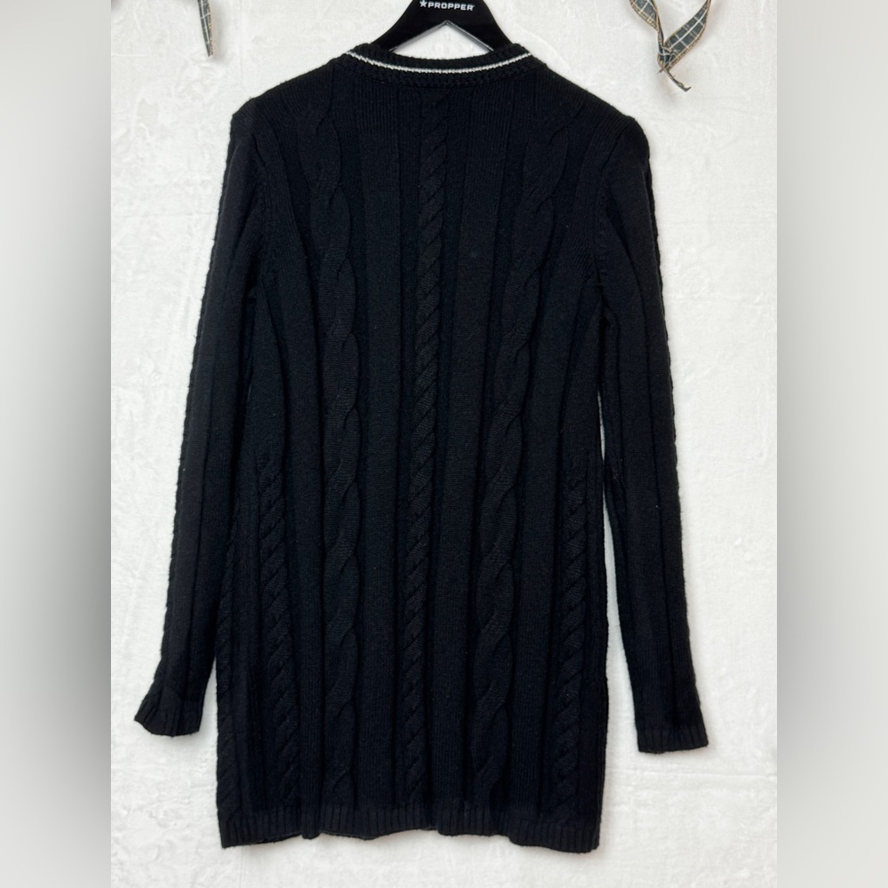TALBOTS Cotton Blend Preppy Chunky Black Cable Knit Cardigan Gold Buttons SZ S. - Picture 3 of 12
